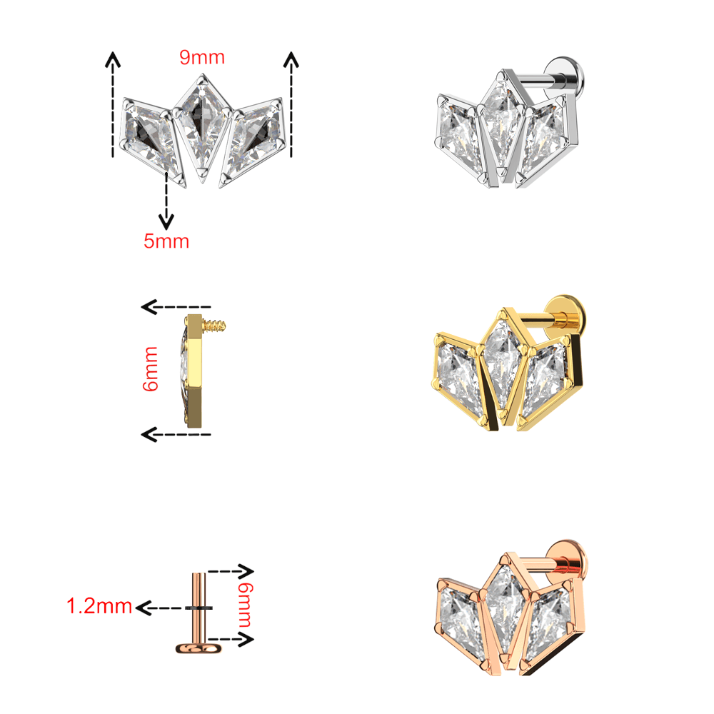316L Surgical Steel Triple CZ Jewelled Coffin Design Internally Threaded Flatback Stud