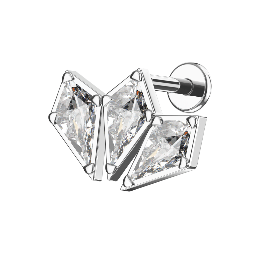 316L Surgical Steel Triple CZ Jewelled Coffin Design Internally Threaded Flatback Stud