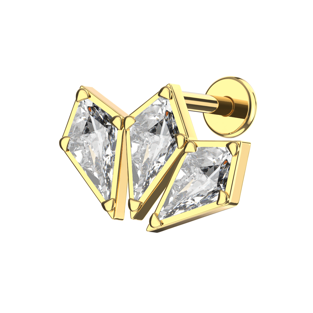 316L Surgical Steel Triple CZ Jewelled Coffin Design Internally Threaded Flatback Stud