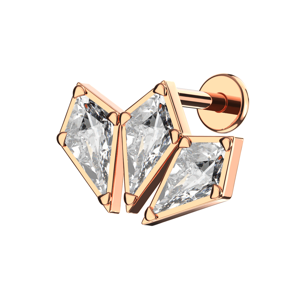 316L Surgical Steel Triple CZ Jewelled Coffin Design Internally Threaded Flatback Stud