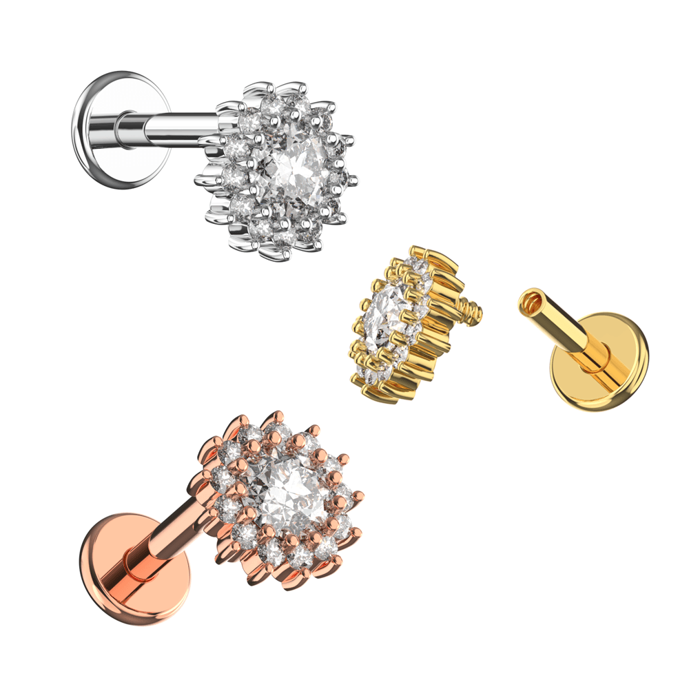 316L Surgical Steel CZ Jewelled Dahlia Zirconia Internally Threaded Flatback Stud