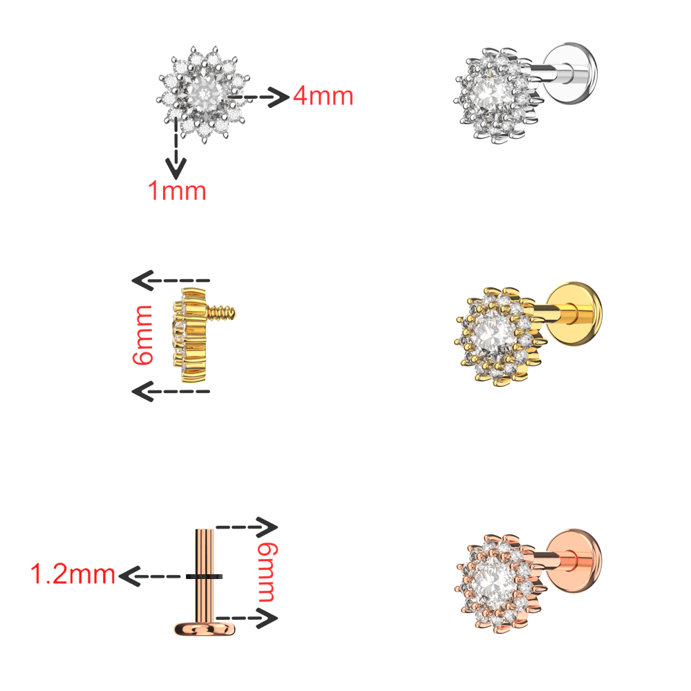 316L Surgical Steel CZ Jewelled Dahlia Zirconia Internally Threaded Flatback Stud
