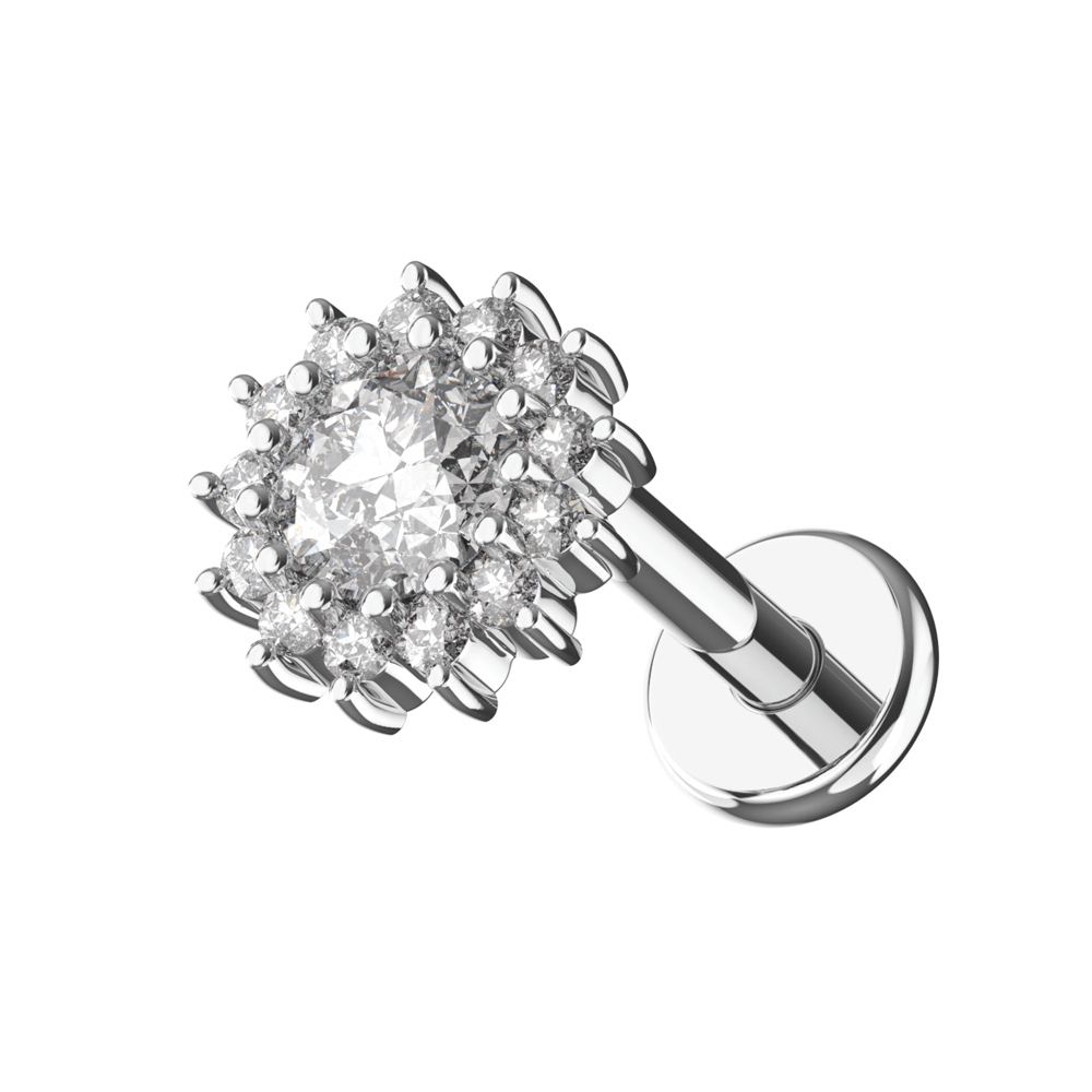 316L Surgical Steel CZ Jewelled Dahlia Zirconia Internally Threaded Flatback Stud