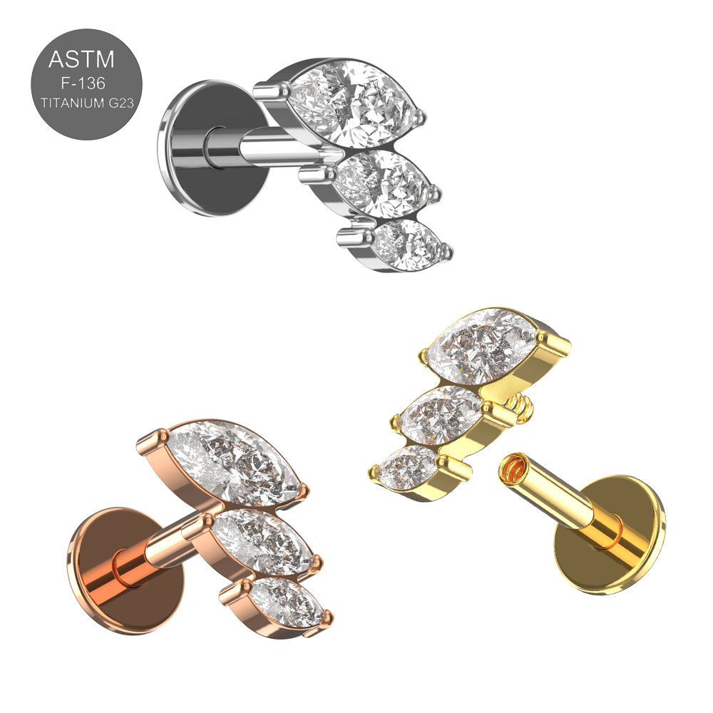 G23 Titanium Triple Marquise CZ Jewelled Internally Threaded Flatback Stud