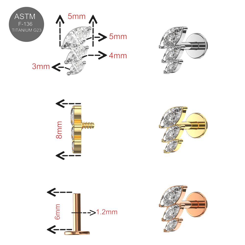 G23 Titanium Triple Marquise CZ Jewelled Internally Threaded Flatback Stud