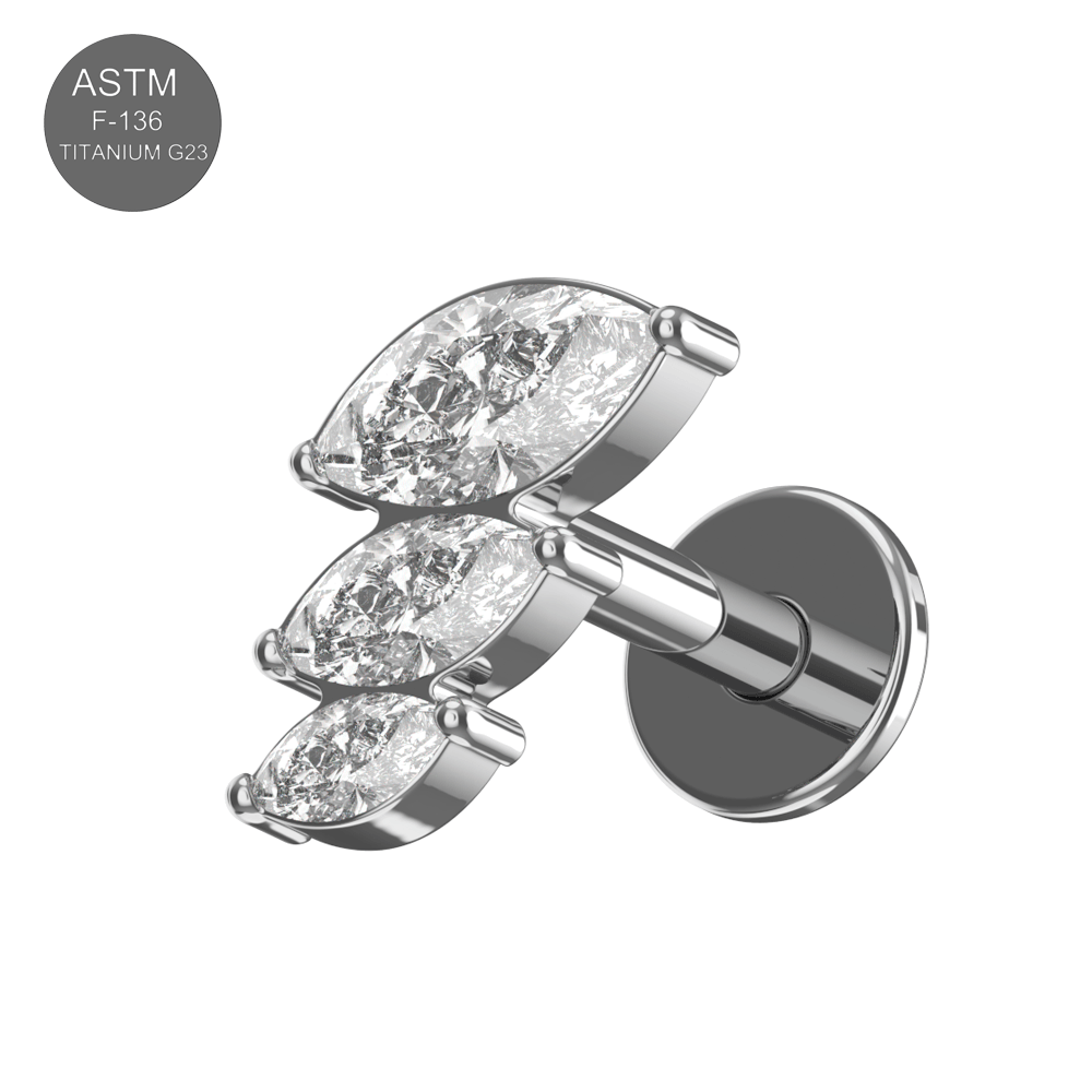 G23 Titanium Triple Marquise CZ Jewelled Internally Threaded Flatback Stud