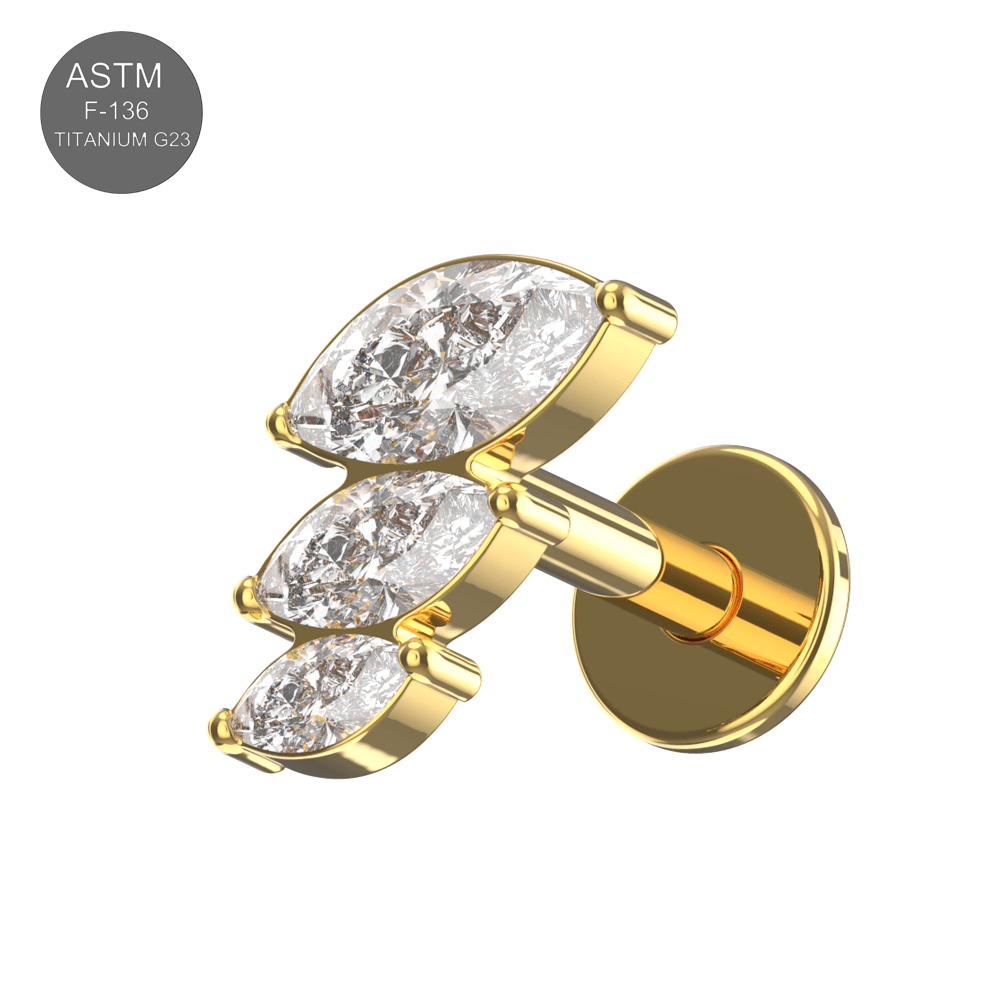 G23 Titanium Triple Marquise CZ Jewelled Internally Threaded Flatback Stud