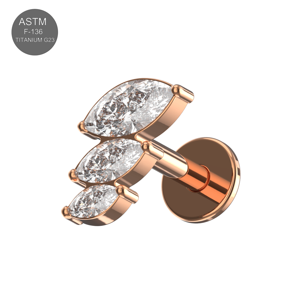 G23 Titanium Triple Marquise CZ Jewelled Internally Threaded Flatback Stud