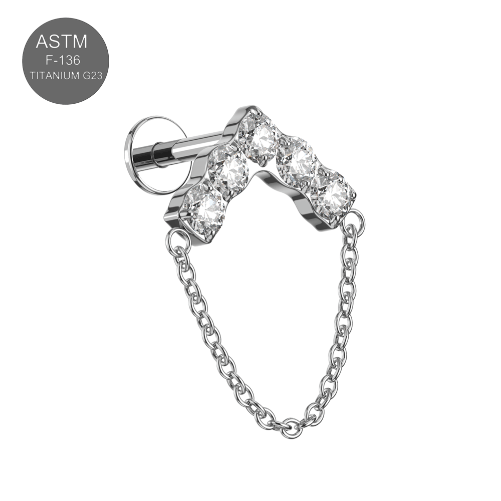 G23 Titanium CZ Jewelled Chevron V Shape Internally Threaded Flatback Stud