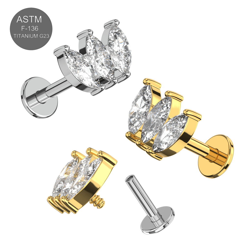 G23 Titanium Triple Marquise CZ Jewelled Internally Threaded Flatback Stud