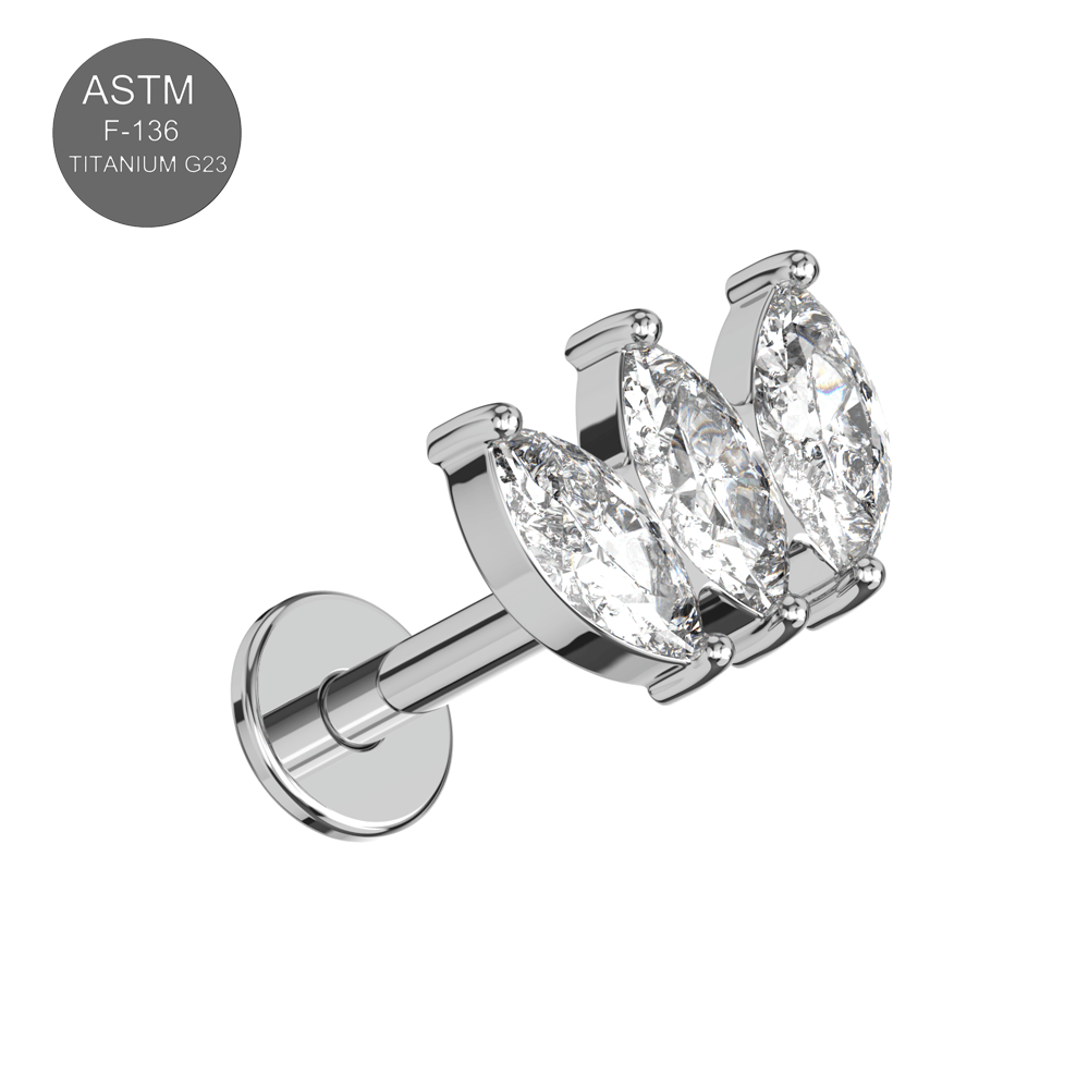 G23 Titanium Triple Marquise CZ Jewelled Internally Threaded Flatback Stud