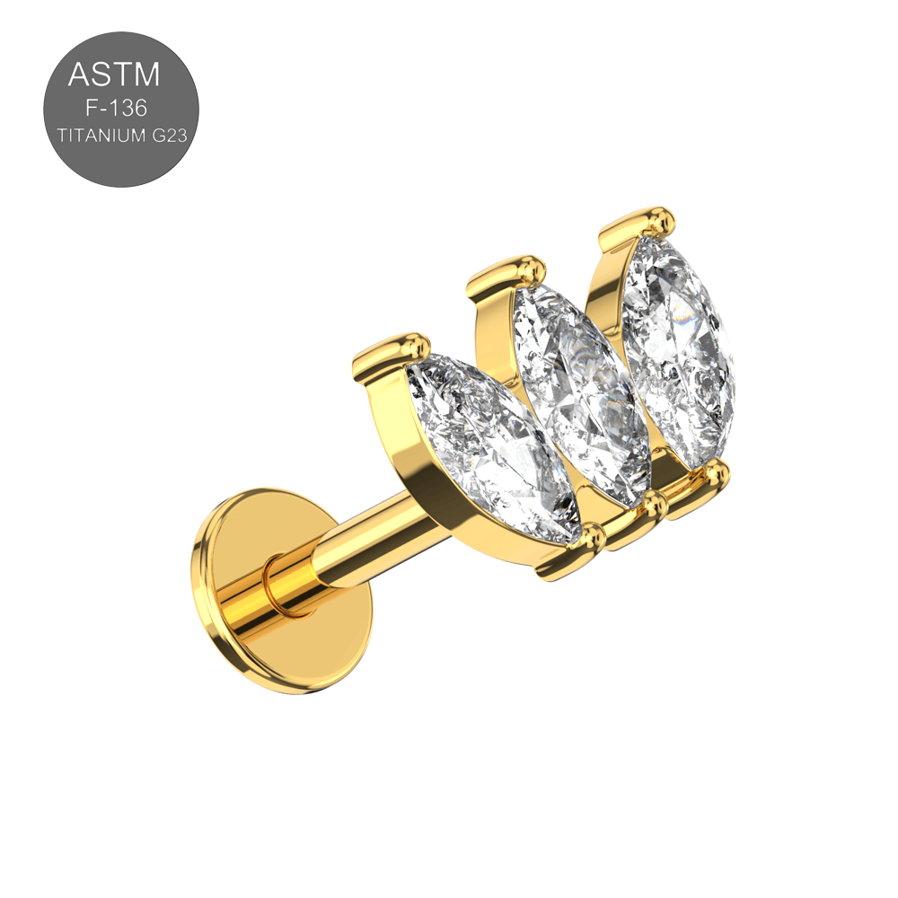 G23 Titanium Triple Marquise CZ Jewelled Internally Threaded Flatback Stud