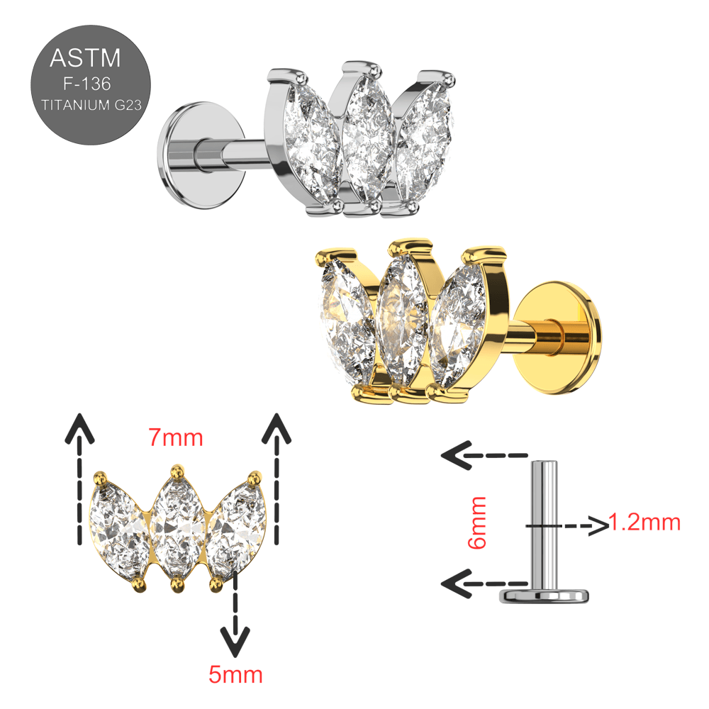 G23 Titanium Triple Marquise CZ Jewelled Internally Threaded Flatback Stud