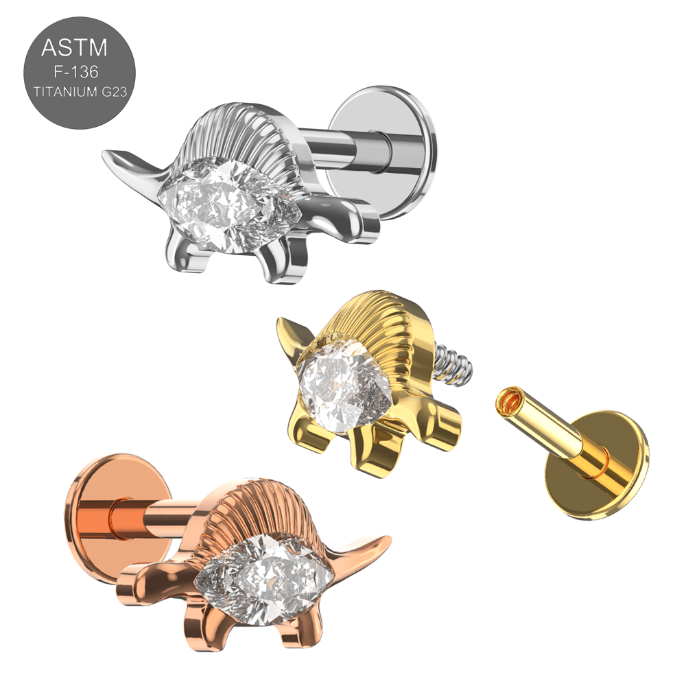 G23 Titanium Marquise CZ Jewelled Stegosaurus Internally Threaded Flatback Stud