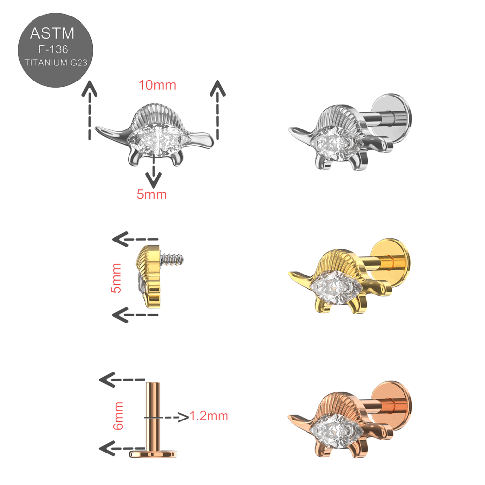 G23 Titanium Marquise CZ Jewelled Stegosaurus Internally Threaded Flatback Stud
