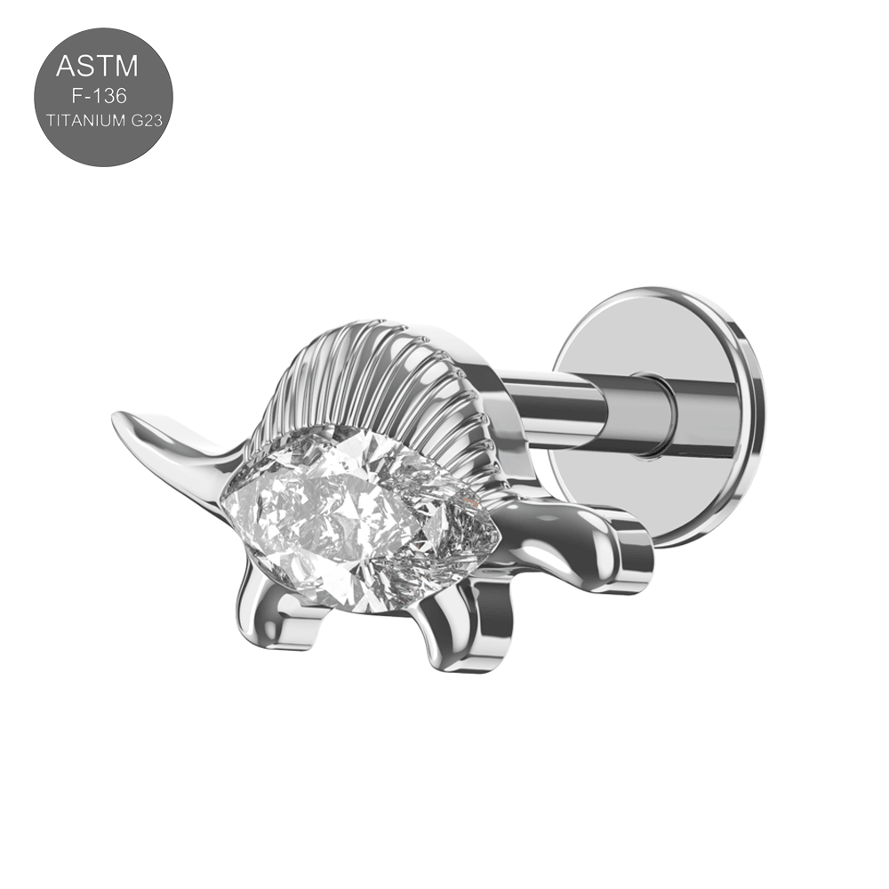 G23 Titanium Marquise CZ Jewelled Stegosaurus Internally Threaded Flatback Stud