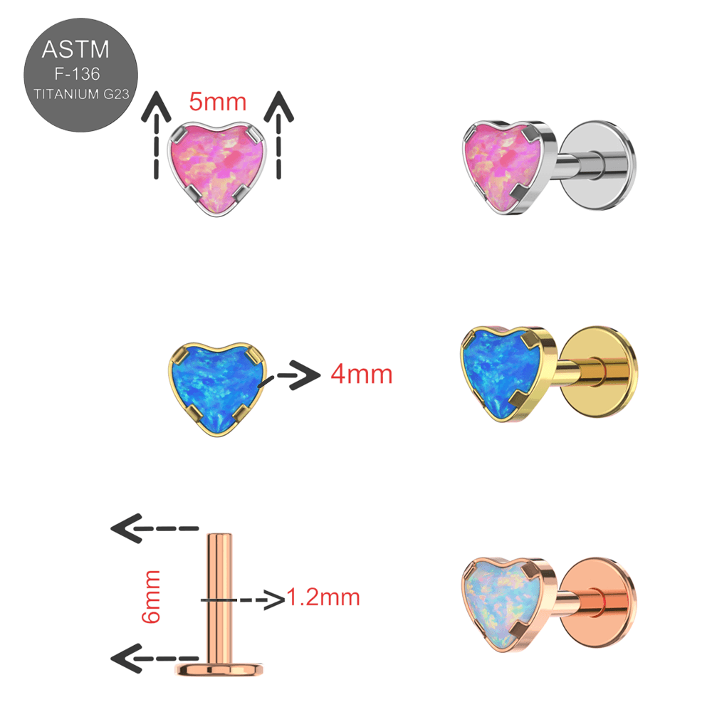 G23 Titanium Heart Opal Jewelled Internally Threaded Flatback Stud