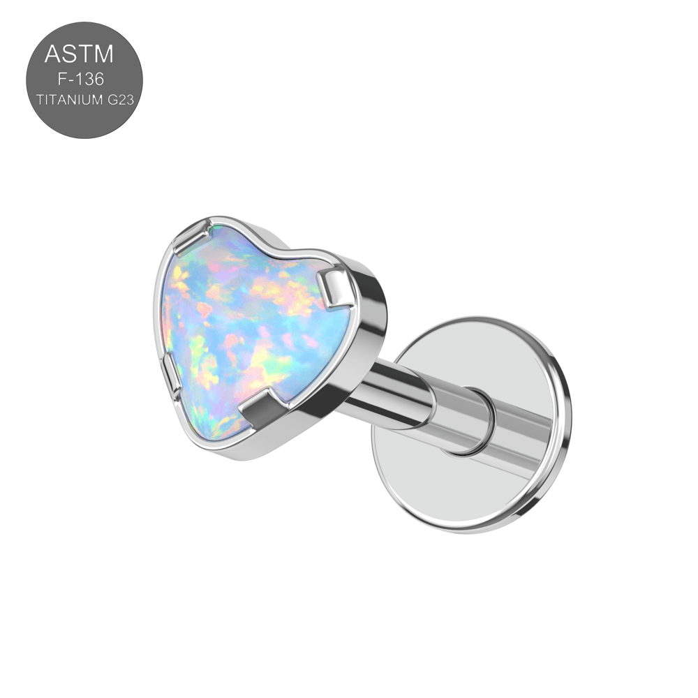 G23 Titanium Heart Opal Jewelled Internally Threaded Flatback Stud