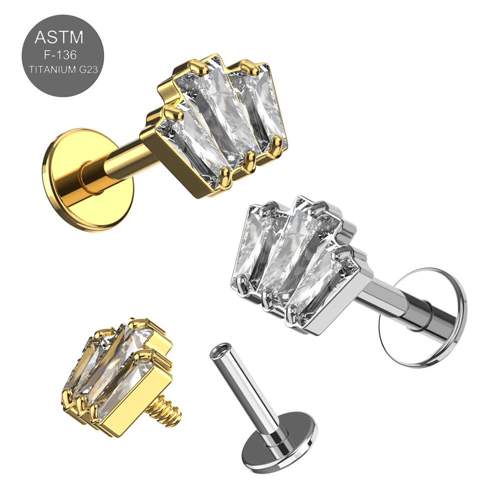 G23 Titanium Triple CZ Baguette Jewelled Internally Threaded Flatback Stud