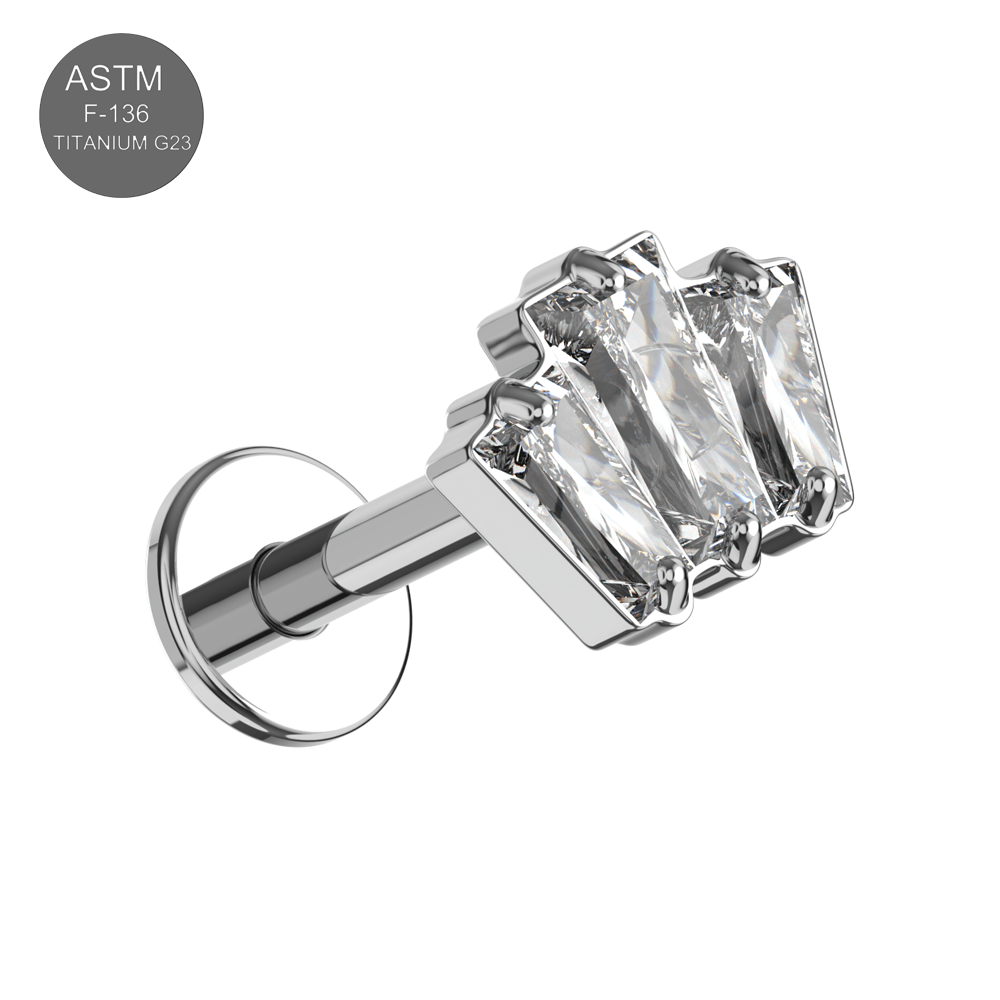 G23 Titanium Triple CZ Baguette Jewelled Internally Threaded Flatback Stud