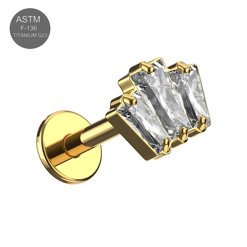 G23 Titanium Triple CZ Baguette Jewelled Internally Threaded Flatback Stud