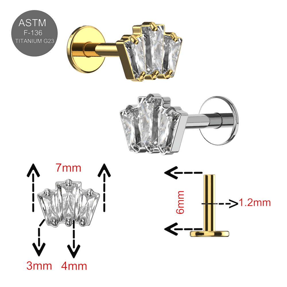 G23 Titanium Triple CZ Baguette Jewelled Internally Threaded Flatback Stud