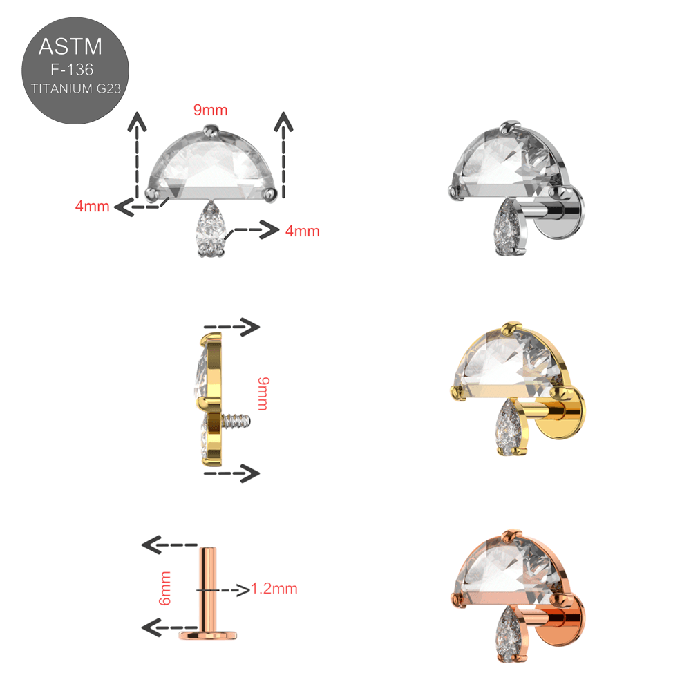 G23 Titanium CZ Jewelled Mushroom Internally Threaded Flatback Stud