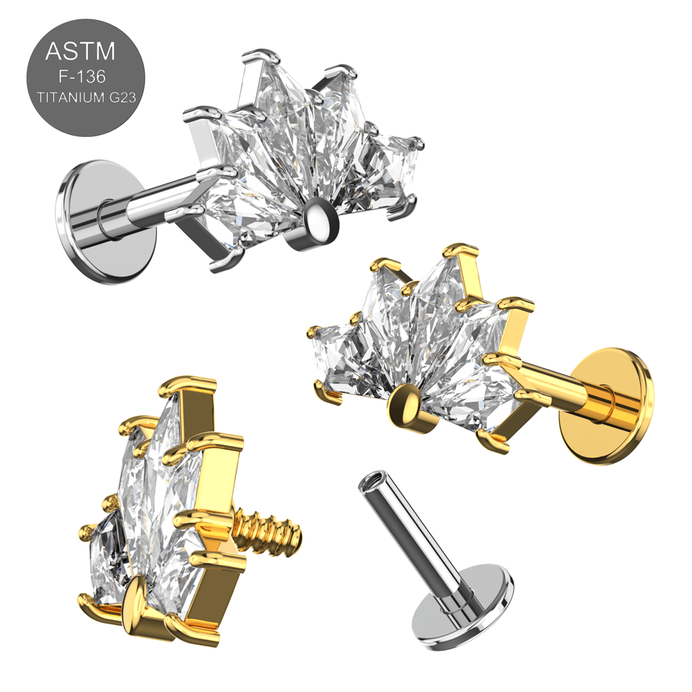 G23 Titanium CZ Jewelled Scaevola Half Flower Internally Threaded Flatback Stud