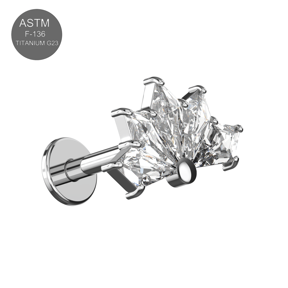 G23 Titanium CZ Jewelled Scaevola Half Flower Internally Threaded Flatback Stud