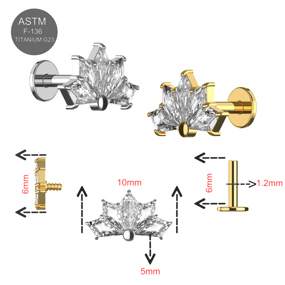 G23 Titanium CZ Jewelled Scaevola Half Flower Internally Threaded Flatback Stud