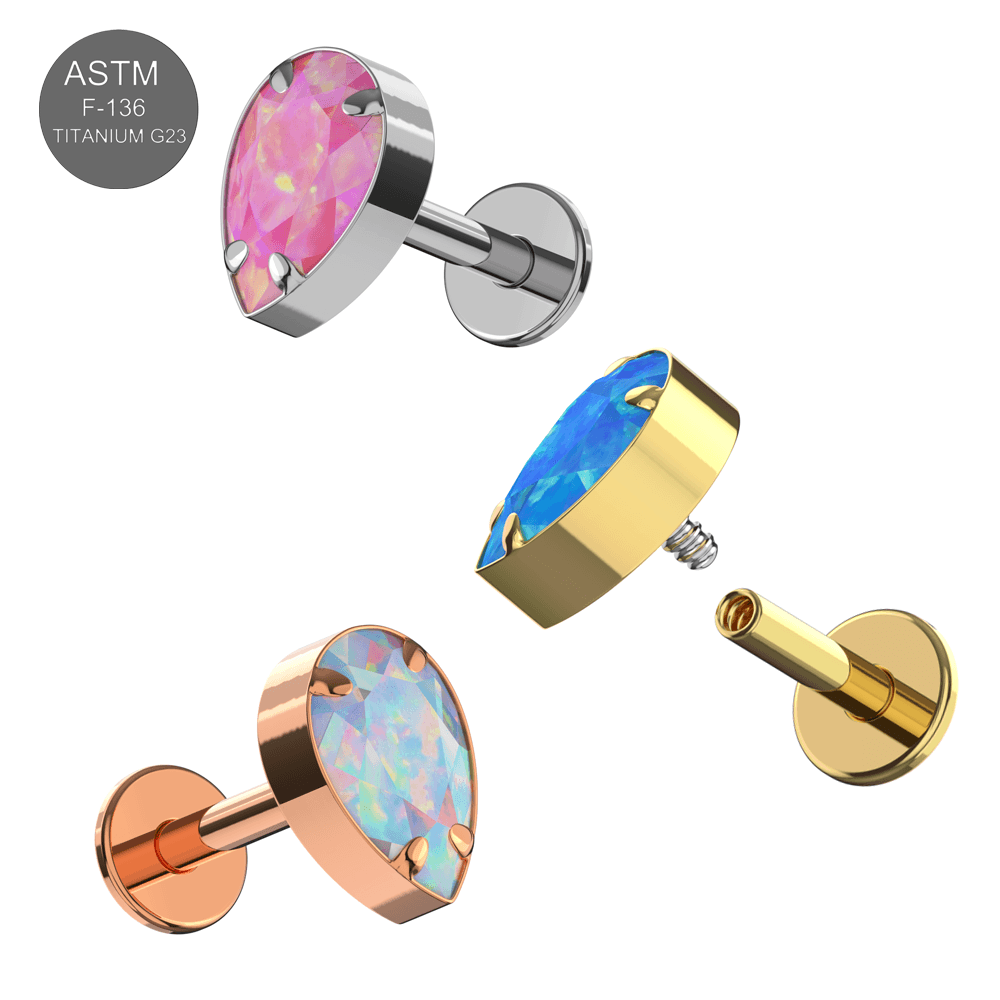 G23 Titanium Tear Drop Opal Jewelled Internally Threaded Flatback Stud