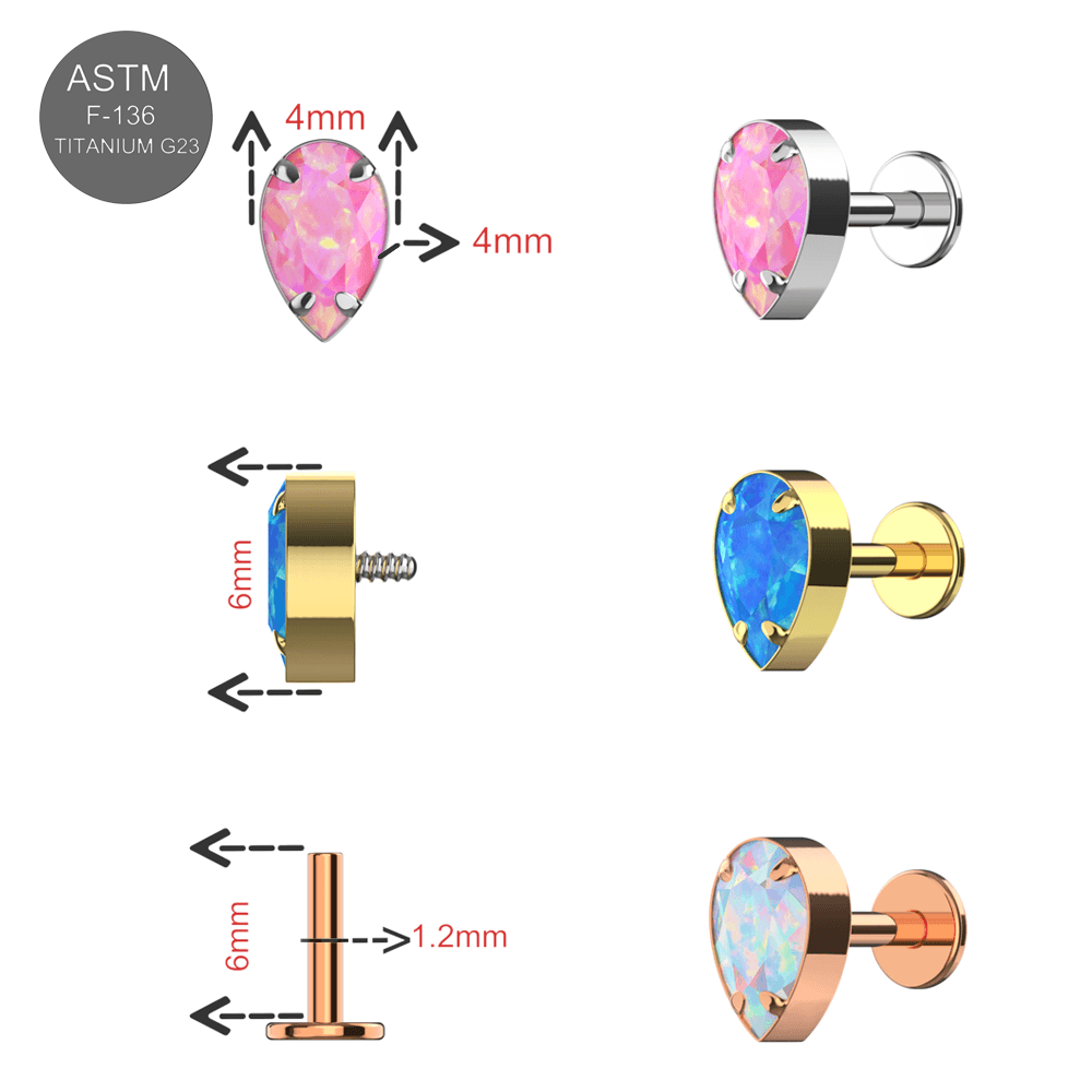 G23 Titanium Tear Drop Opal Jewelled Internally Threaded Flatback Stud