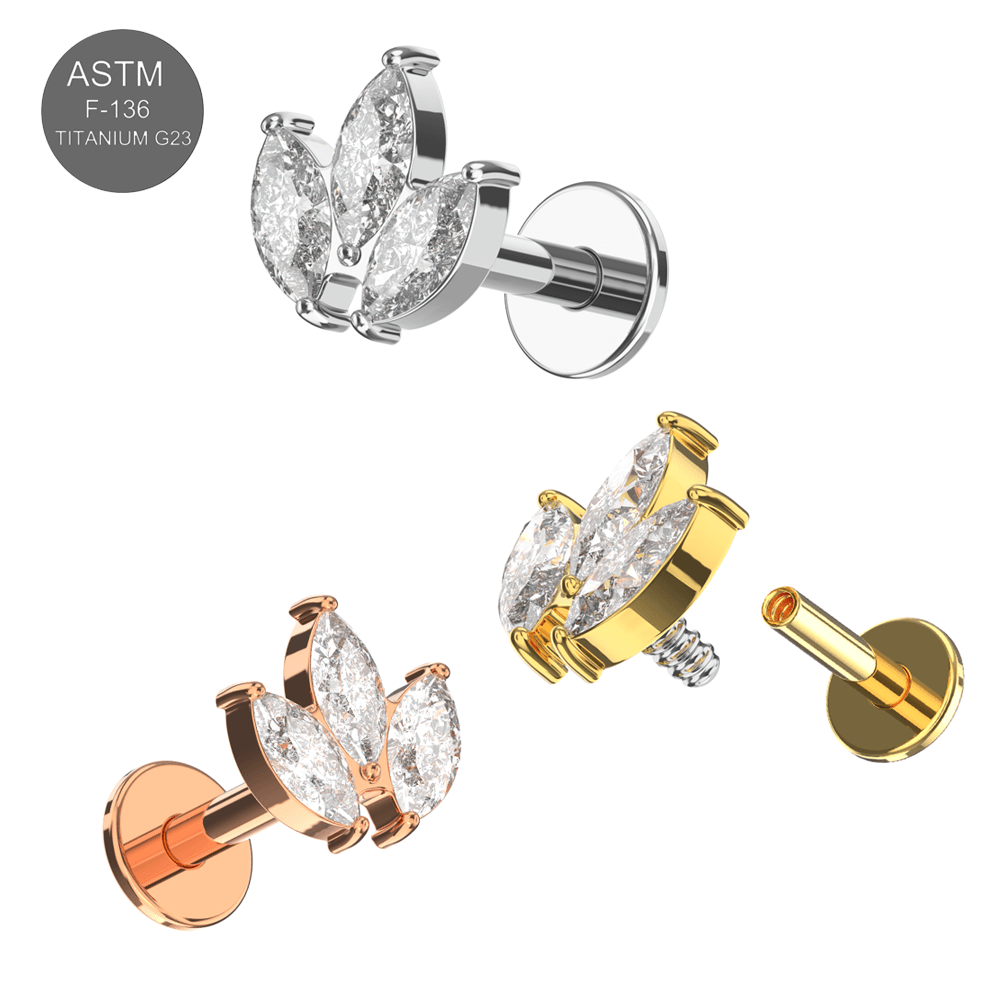 G23 Titanium Marquise CZ Jewelled Leaf Set Internally Threaded Flatback Stud