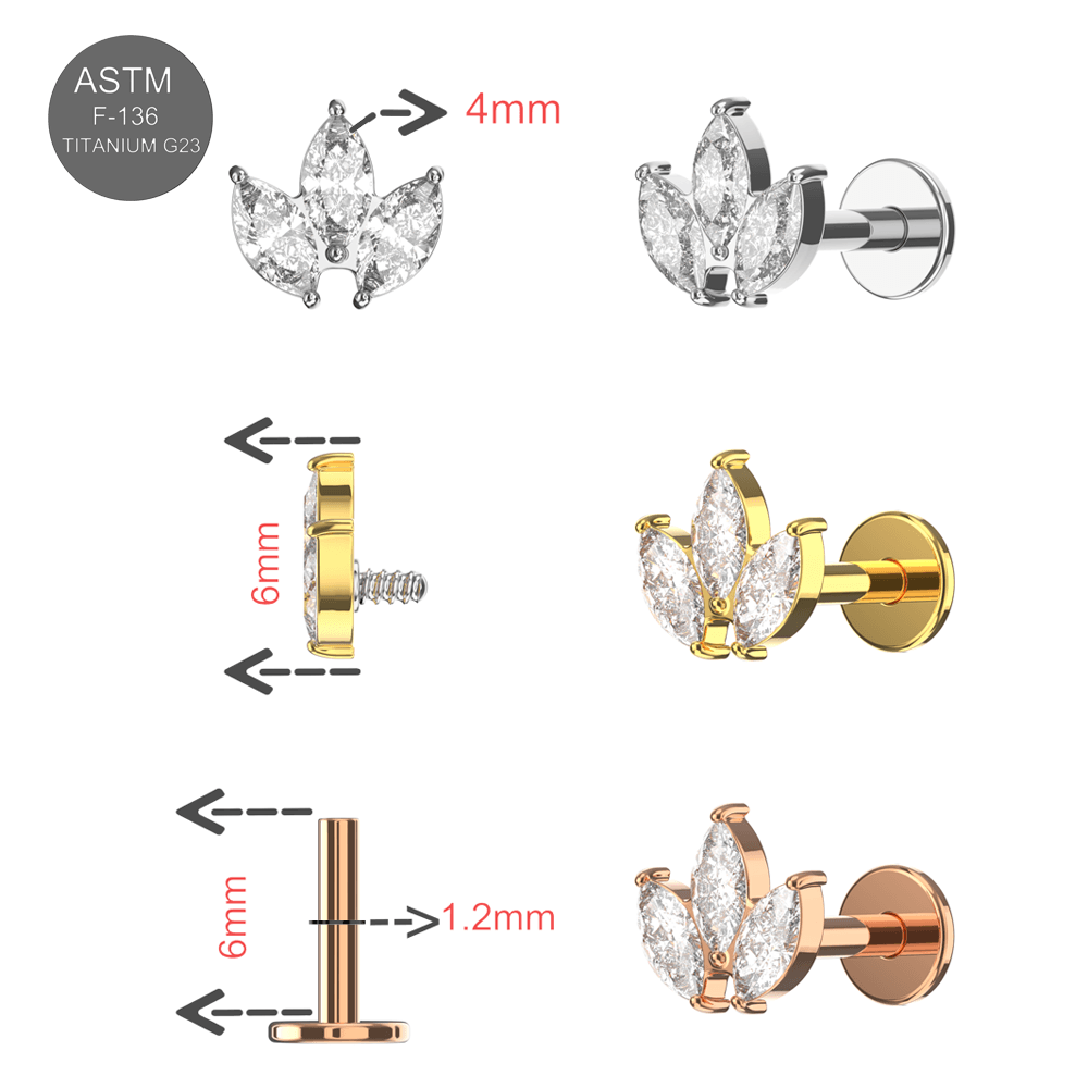 G23 Titanium Marquise CZ Jewelled Leaf Set Internally Threaded Flatback Stud