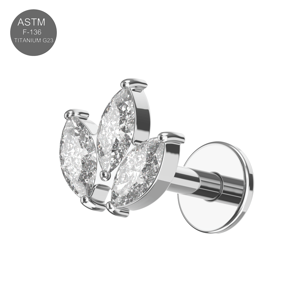 G23 Titanium Marquise CZ Jewelled Leaf Set Internally Threaded Flatback Stud