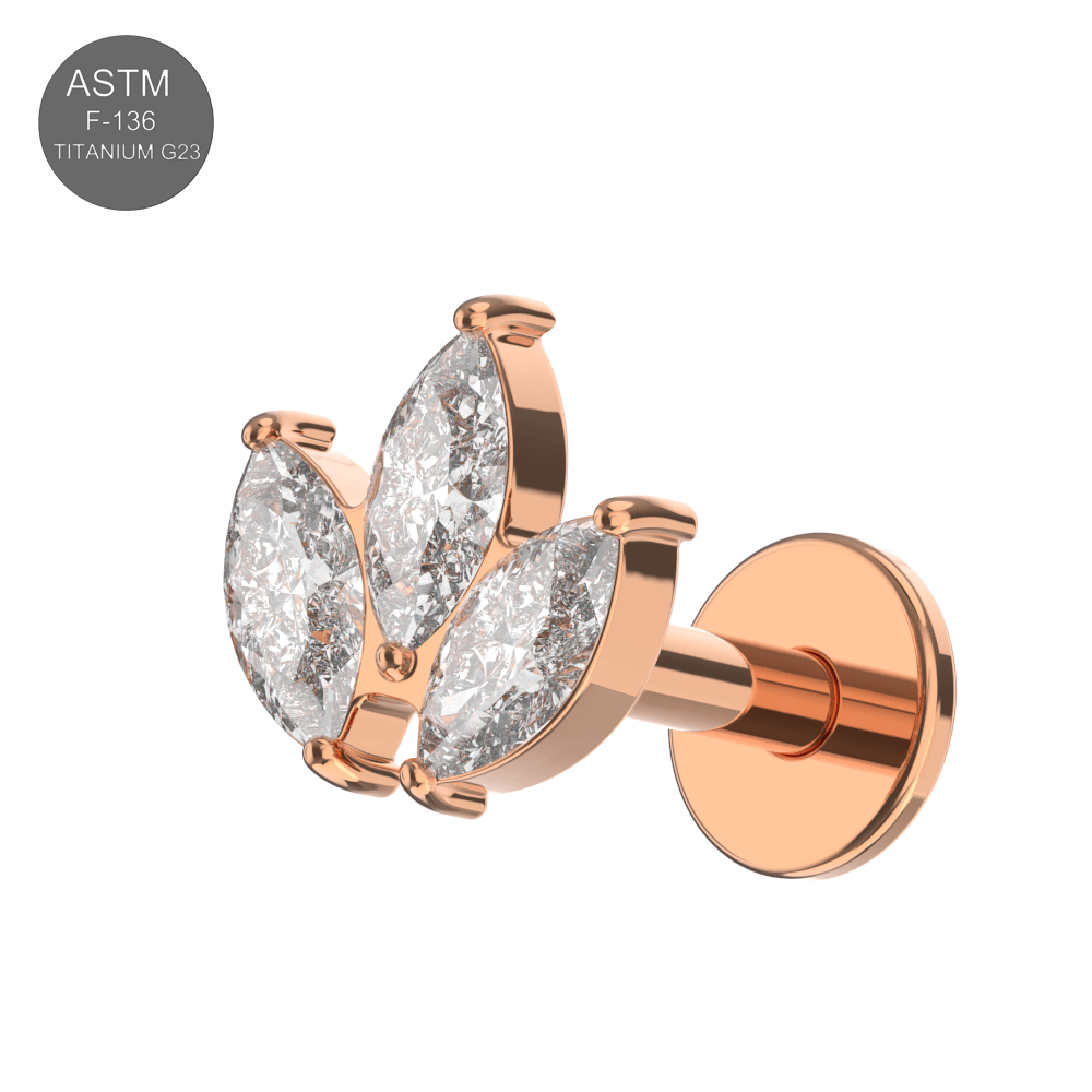 G23 Titanium Marquise CZ Jewelled Leaf Set Internally Threaded Flatback Stud