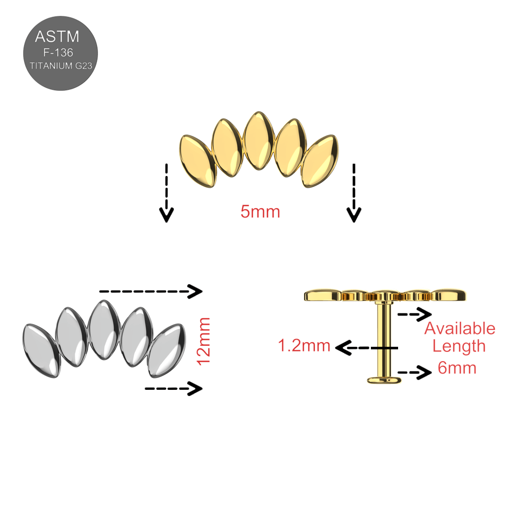 G23 Titanium 3D Marquise Leaf Internally Threaded Flatback Stud