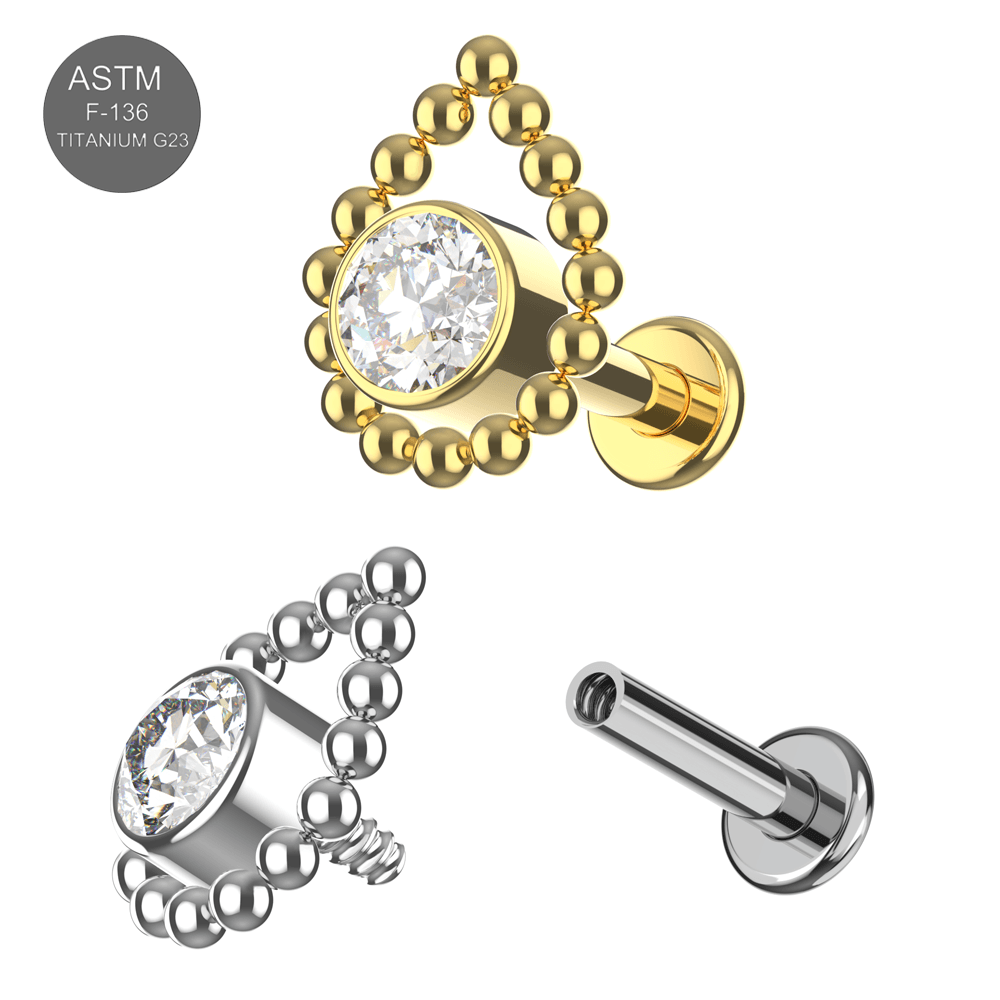 G23 Titanium Bezel Set CZ with Tear Shaped Internally Threaded Flatback Stud