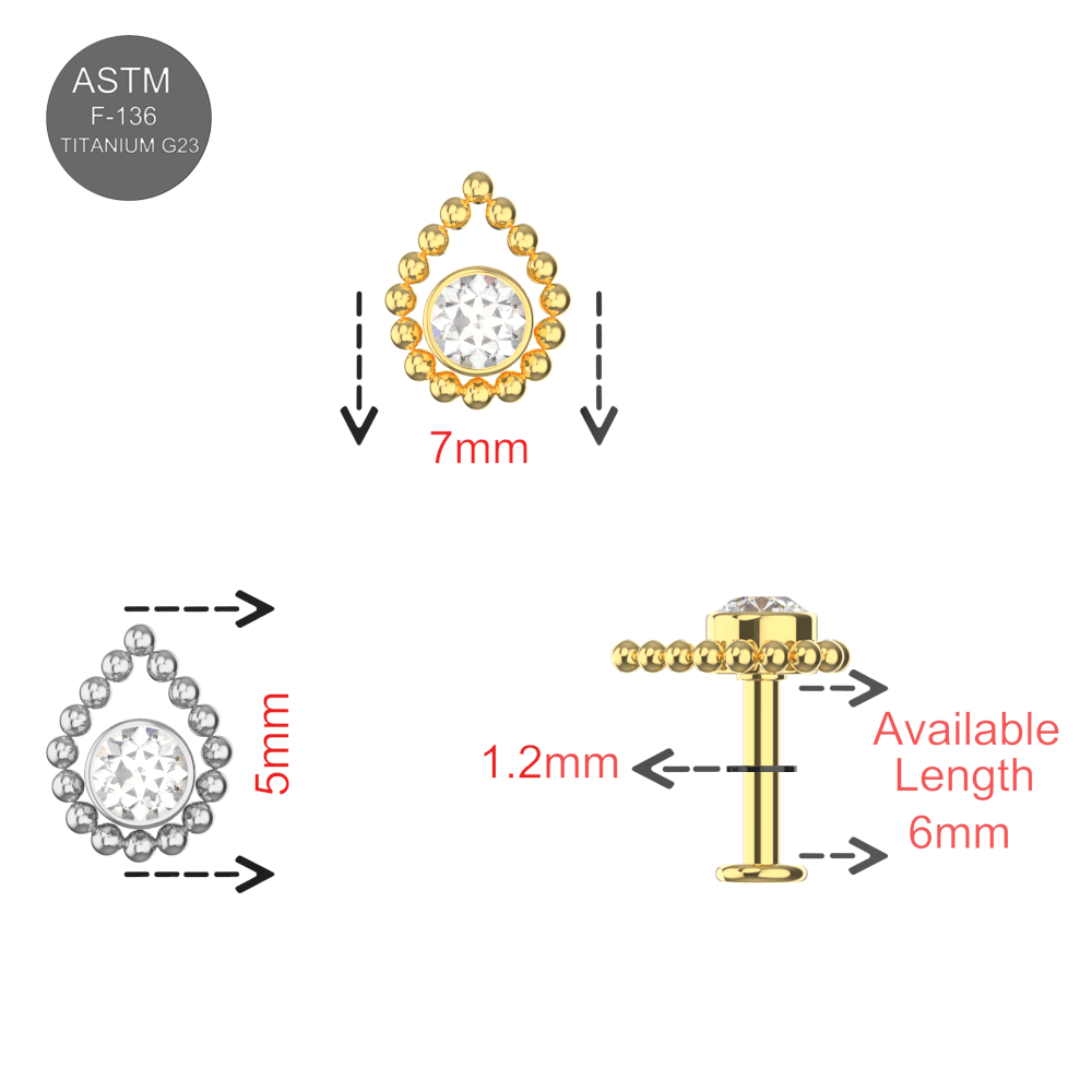 G23 Titanium Bezel Set CZ with Tear Shaped Internally Threaded Flatback Stud