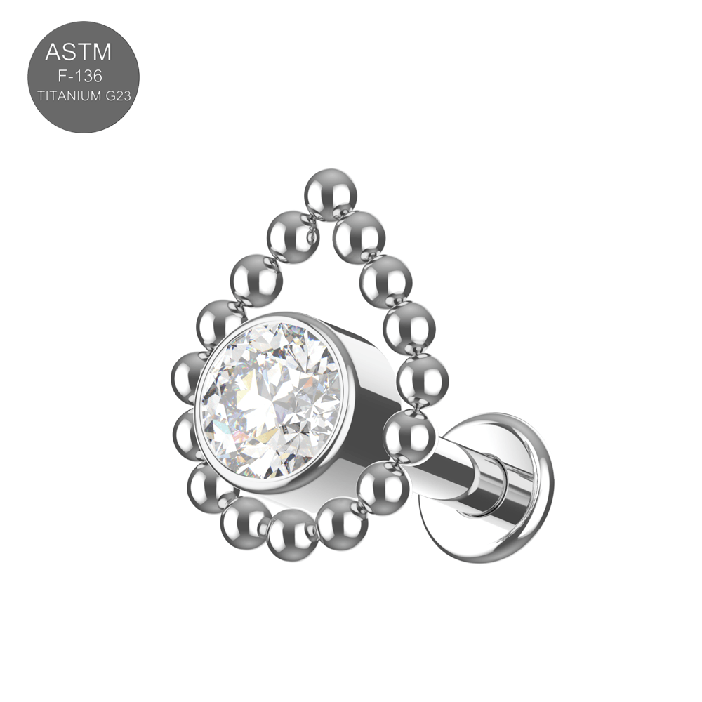 G23 Titanium Bezel Set CZ with Tear Shaped Internally Threaded Flatback Stud
