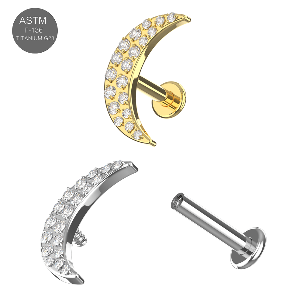 G23 Titanium CZ Jewelled Crescent Internally Threaded Flatback Stud