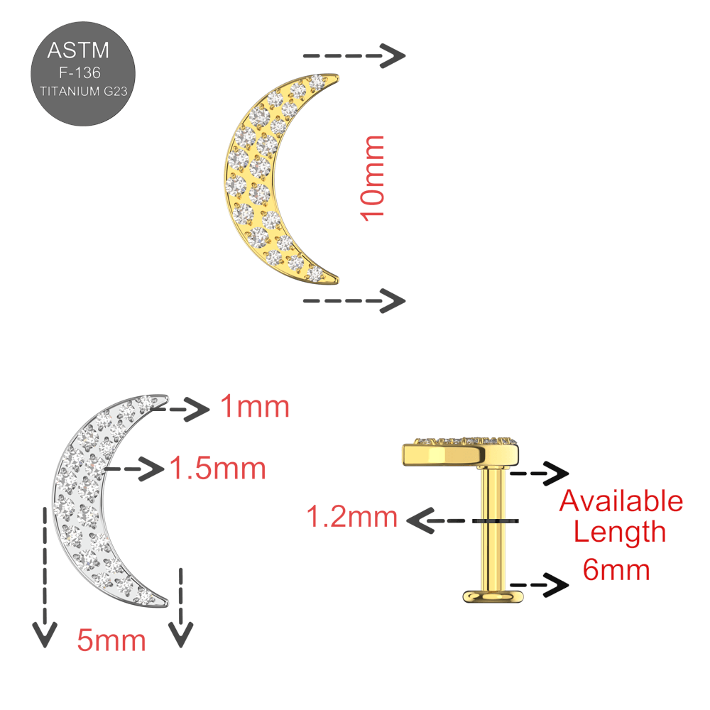 G23 Titanium CZ Jewelled Crescent Internally Threaded Flatback Stud