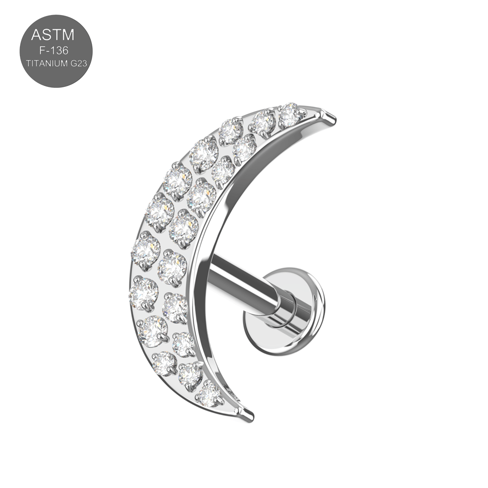G23 Titanium CZ Jewelled Crescent Internally Threaded Flatback Stud
