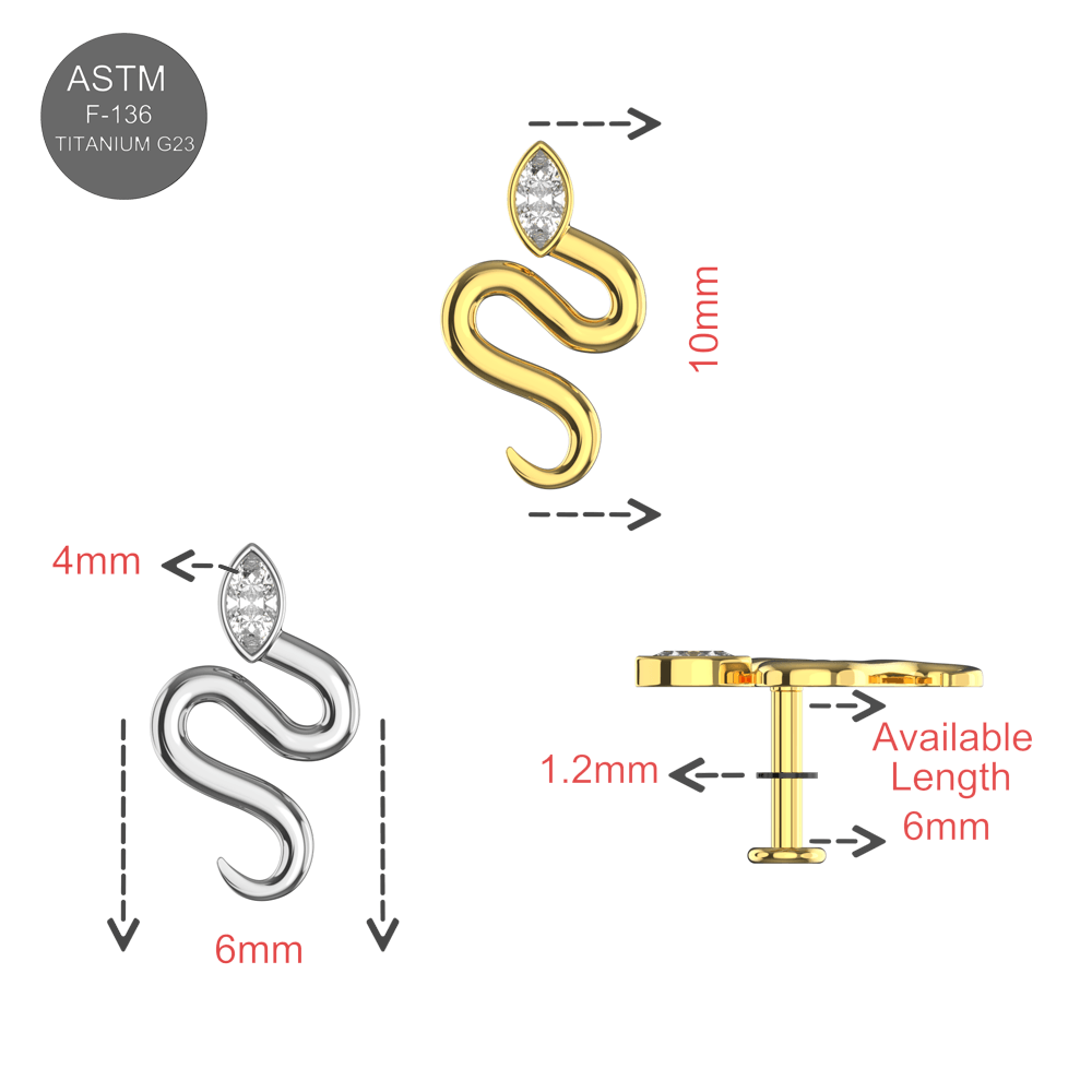 G23 Titanium Marquise CZ Snake Internally Threaded Flatback Stud
