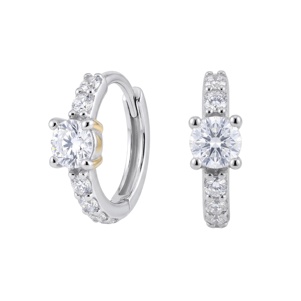 925 Sterling Silver Rhodium Plated Round Solitaire CZ Pavé Huggies