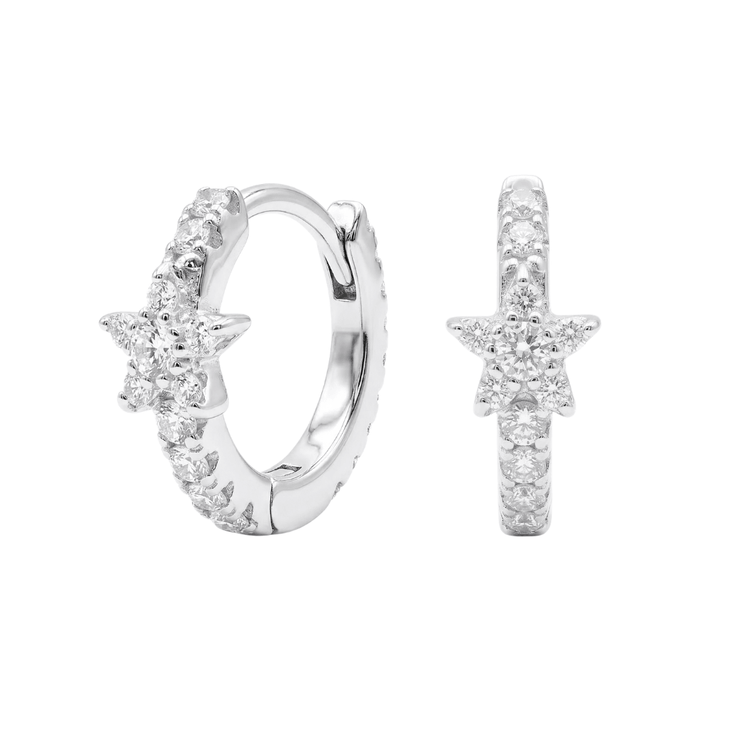 925 Sterling Silver Rhodium Plated Pave Star Huggie Earrings