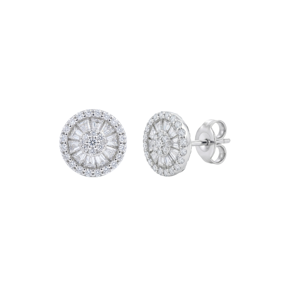 925 Sterling Silver Rhodium Plated Round Mosaic Baguette Studs