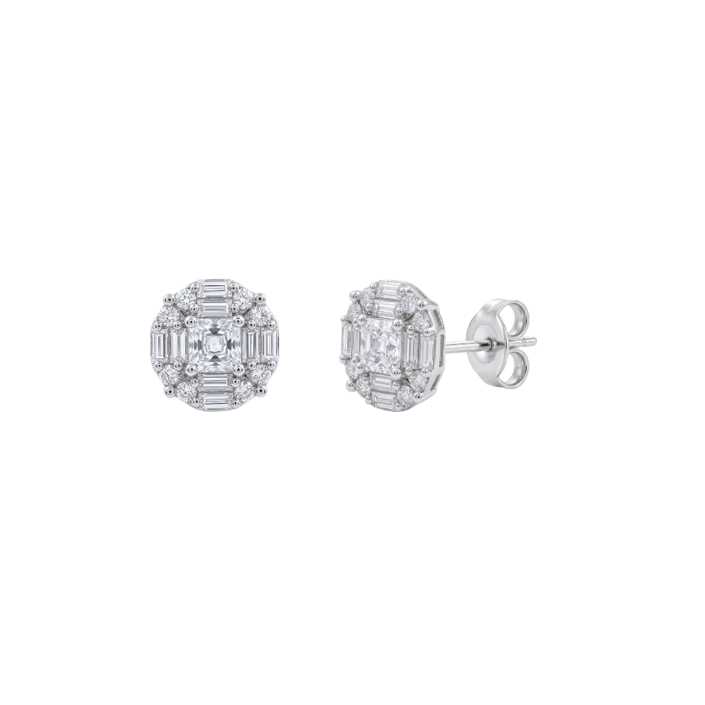 925 Sterling Silver Rhodium Plated Baguette & Round CZ Cluster Stud Earrings