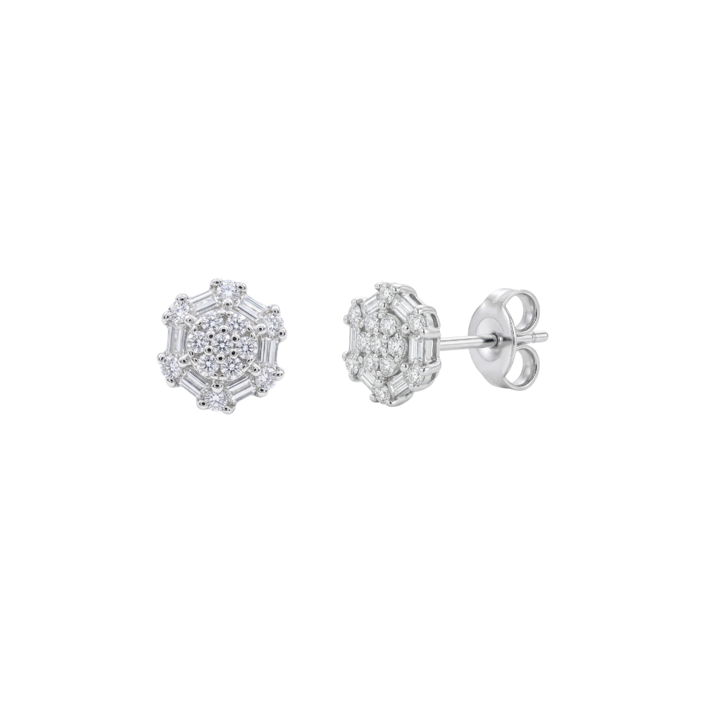 925 Sterling Silver Rhodium Plated Hexagon Baguette Cluster Studs
