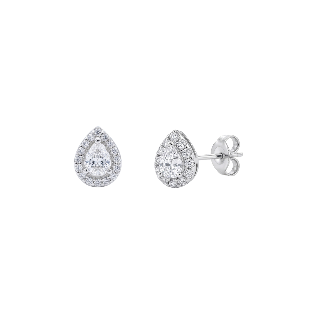925 Sterling Silver Rhodium Plated Pear-Cut Halo Studs